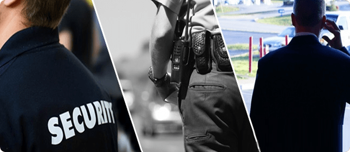 A security guard is wearing a black shirt with the word security on the back.
