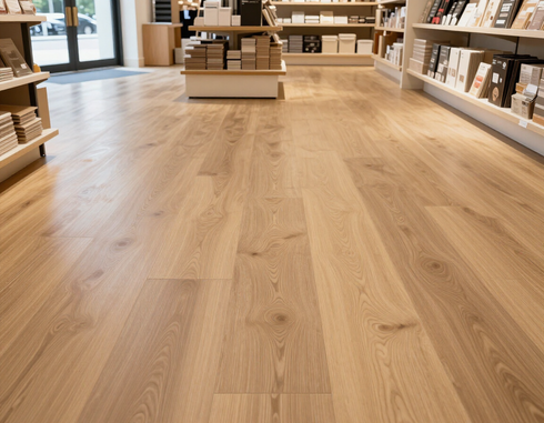 Pavimento in legno chiaro in una corsia di libreria, con scaffali e tavoli espositivi su entrambi i lati