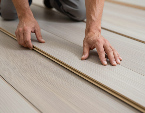 Mani che allineano una tavola di legno su un pavimento chiaro durante la posa