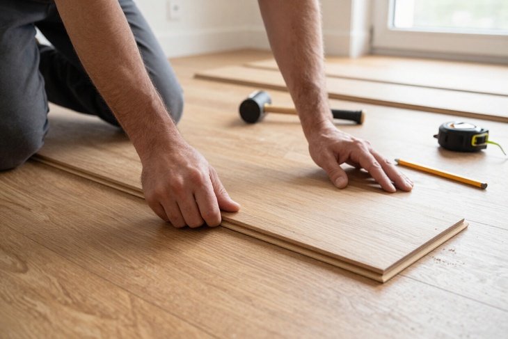 Una persona misura una tavola di legno sul pavimento con un metro a nastro e una matita durante la posa della pavimentazione di casa