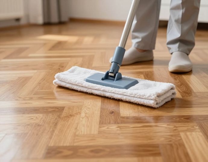 Una persona lava il pavimento in legno con un mocio bianco in una stanza luminosa