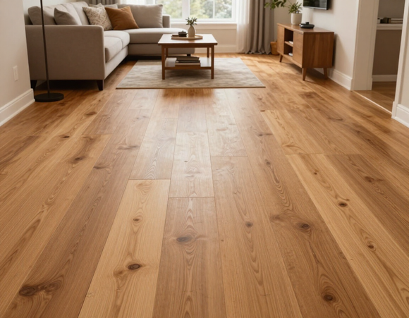 Luminoso soggiorno con pavimento in legno, divano, tavolino, tappeto e un’ampia finestra sullo sfondo