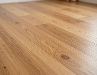 Primo piano di un pavimento in legno chiaro con venature e nodi ben visibili