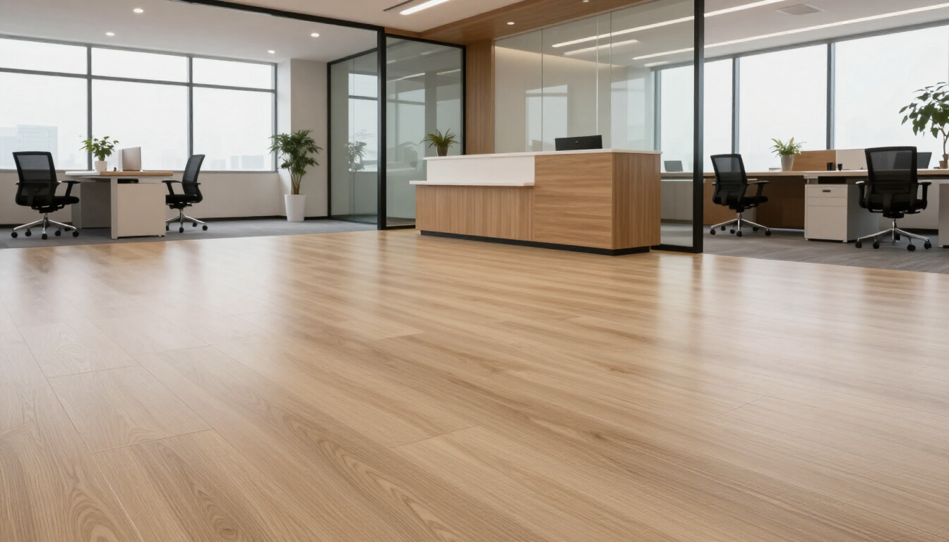 Moderno ufficio open space con pavimento in legno, scrivanie, sedie e un bancone reception centrale.