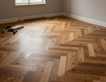 Stanza vuota con parquet a spina di pesce e una finestra, con degli attrezzi vicino alla parete.