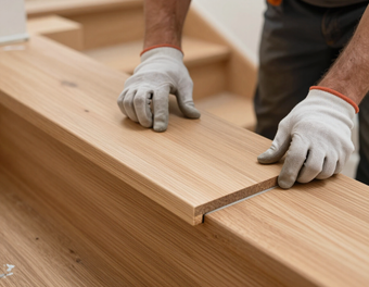 Mani guantate che allineano una tavola di legno sul banco da lavoro durante un’attività di falegnameria
