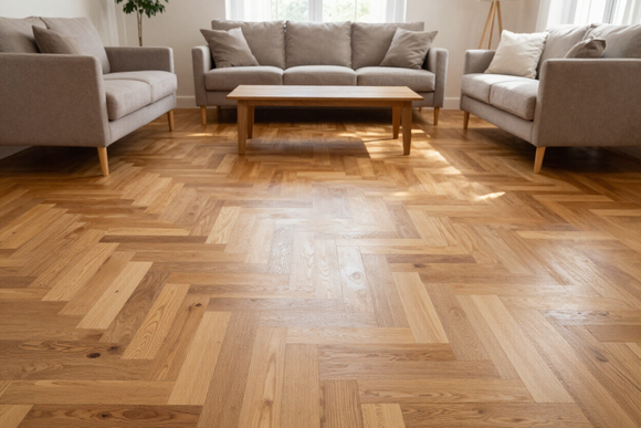Soggiorno moderno con pavimento in legno a spina di pesce, due divani beige e un tavolino da caffè in legno