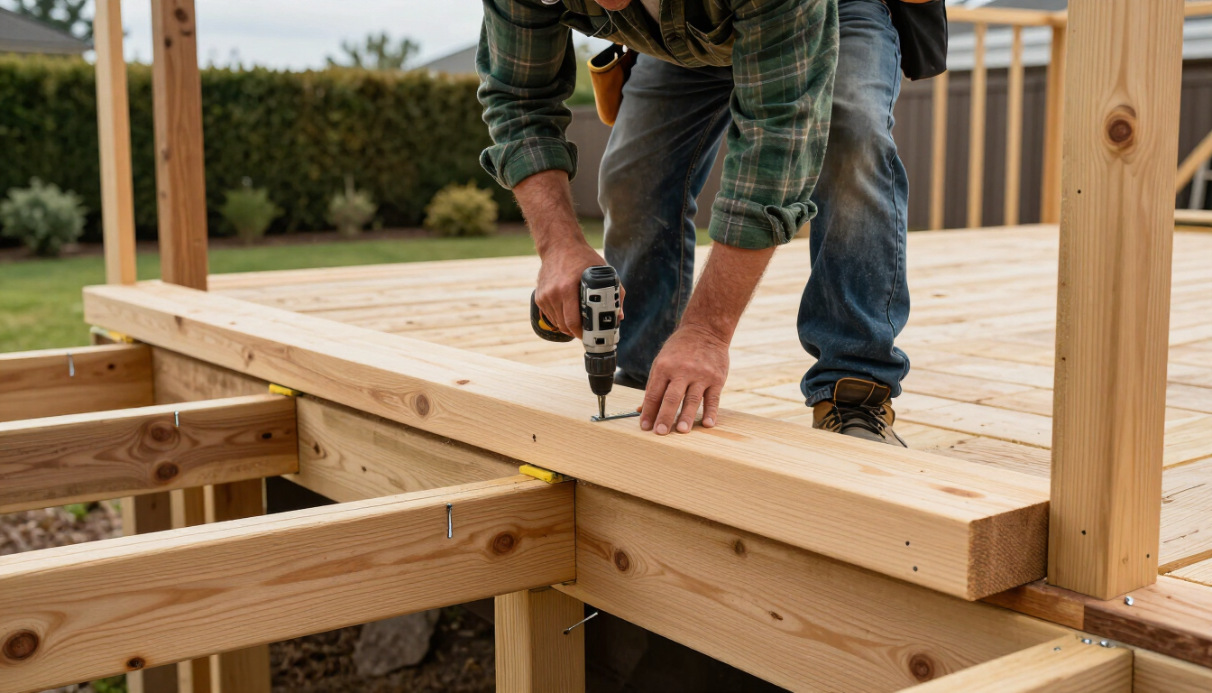 Worker drilling a wooden deck frame with a power drill outdoors