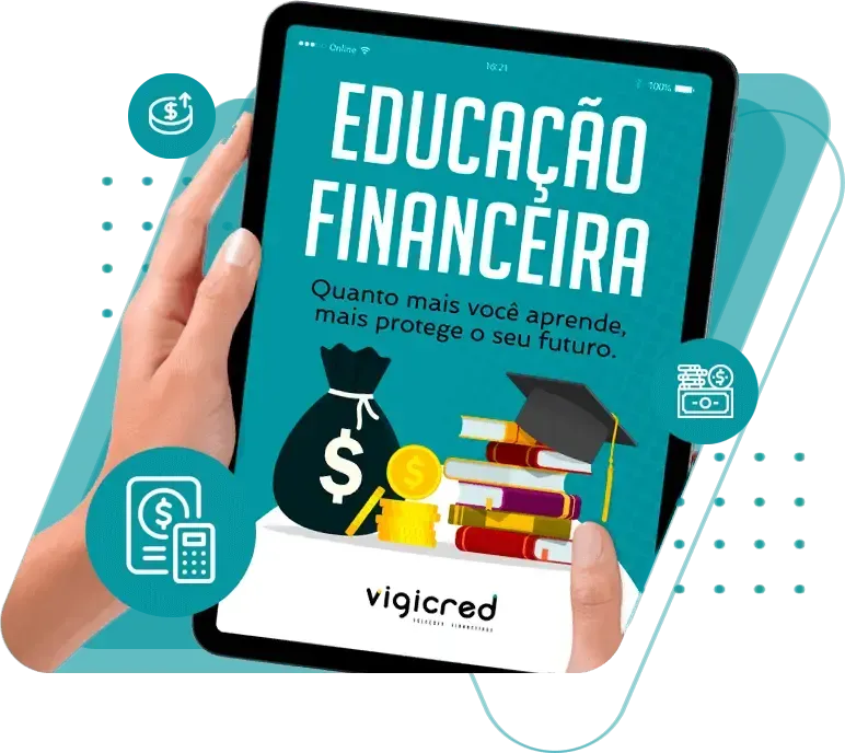 Uma pessoa está segurando um tablet que diz educação financeira