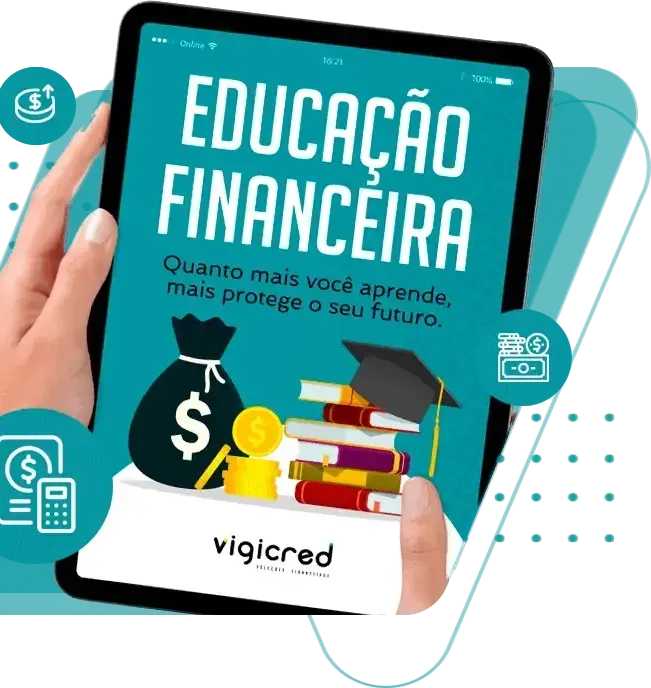 Uma pessoa está segurando um tablet que diz educação financeira