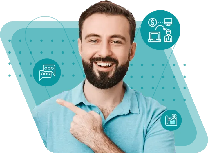Um homem com barba está apontando para algo com o dedo.