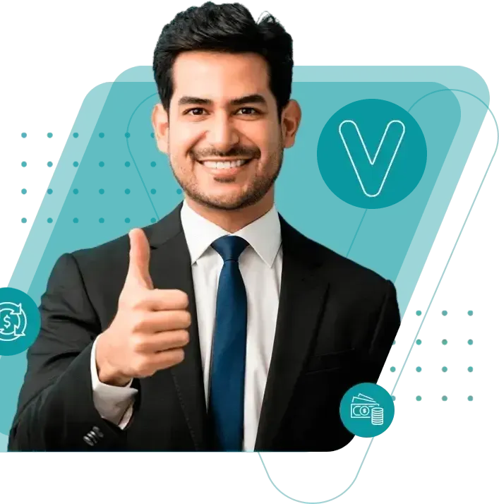 Um homem de terno e gravata está dando um sinal de positivo