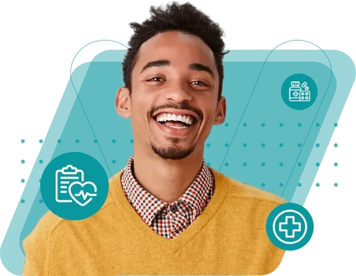Um homem com um suéter amarelo está sorrindo com ícones médicos ao seu redor.