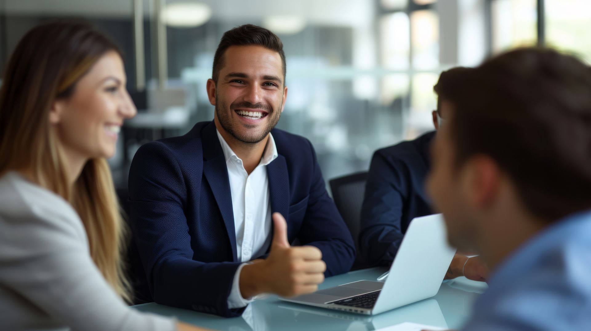 Um homem está fazendo sinal de positivo enquanto está sentado à mesa com outras pessoas.