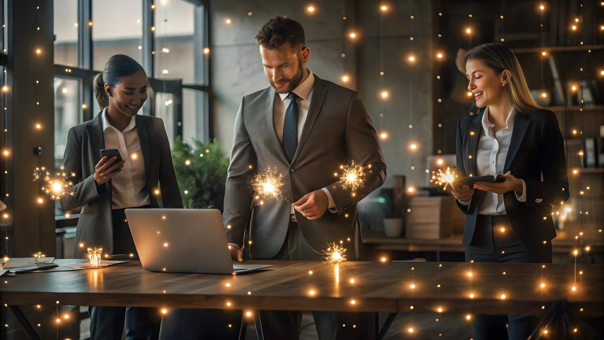 Um grupo de empresários está em volta de uma mesa com estrelinhas.