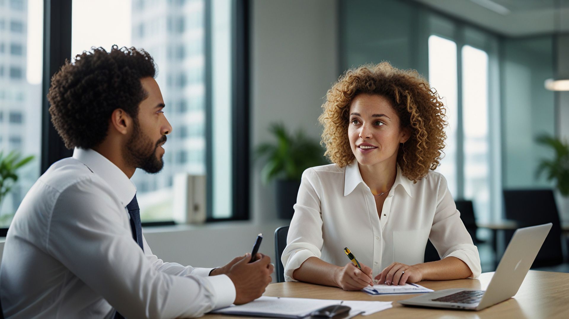 Um homem e uma mulher estão sentados à mesa conversando um com o outro.