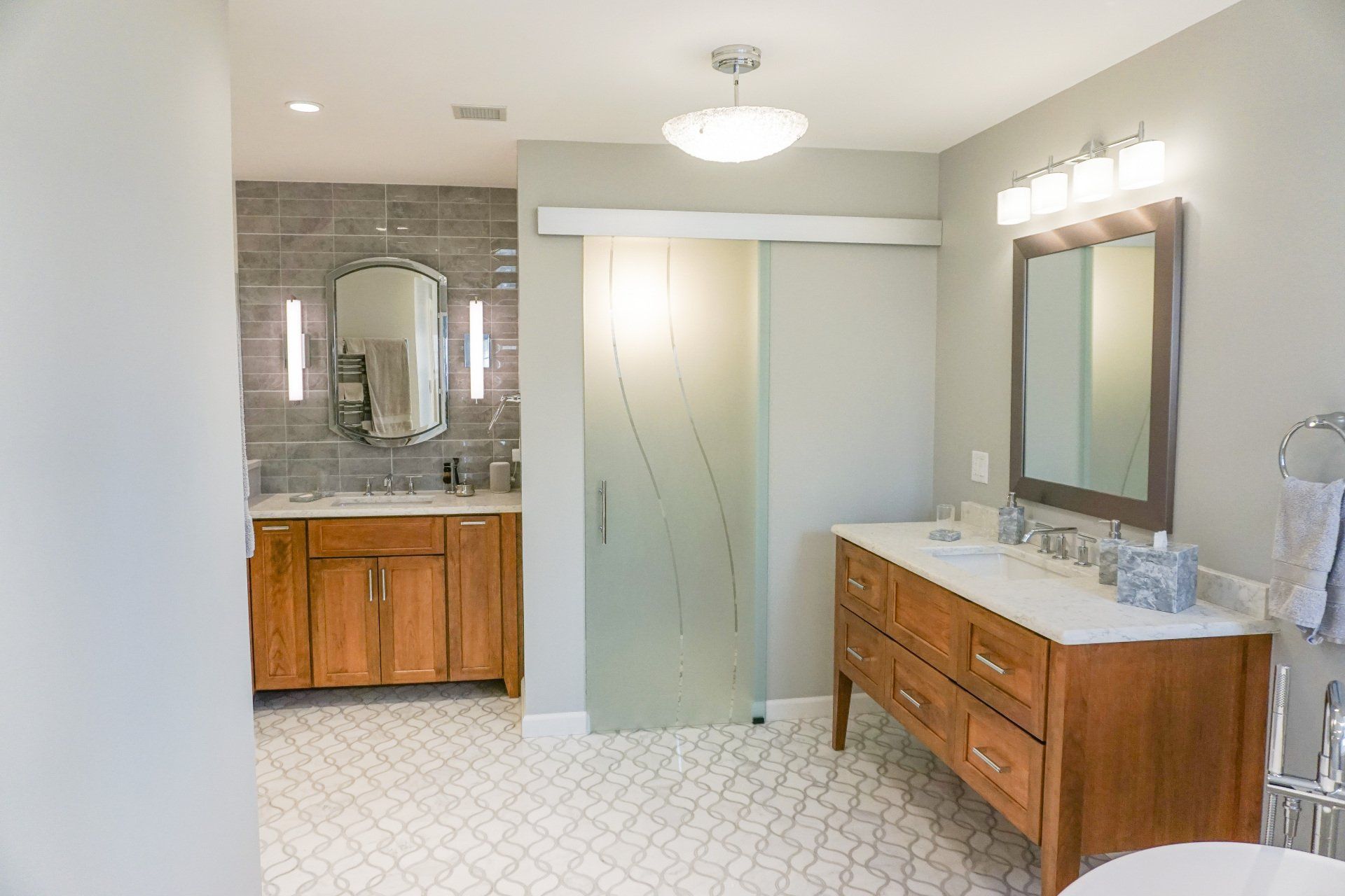 large bathroom remodel in Western MA featuring large tub, beautiful vanity and walk in shower