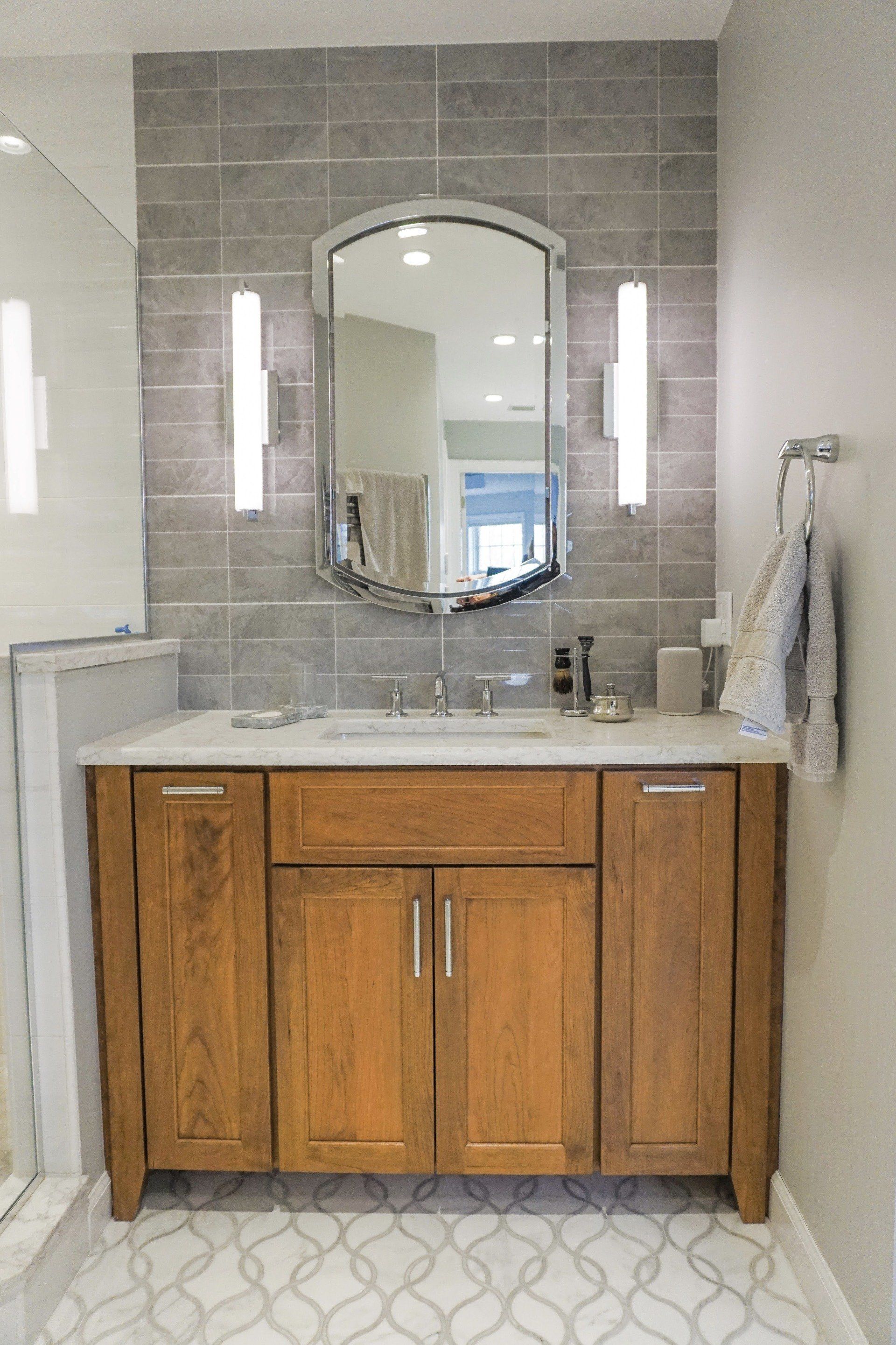 large bathroom remodel in Western MA featuring large tub, beautiful vanity and walk in shower
