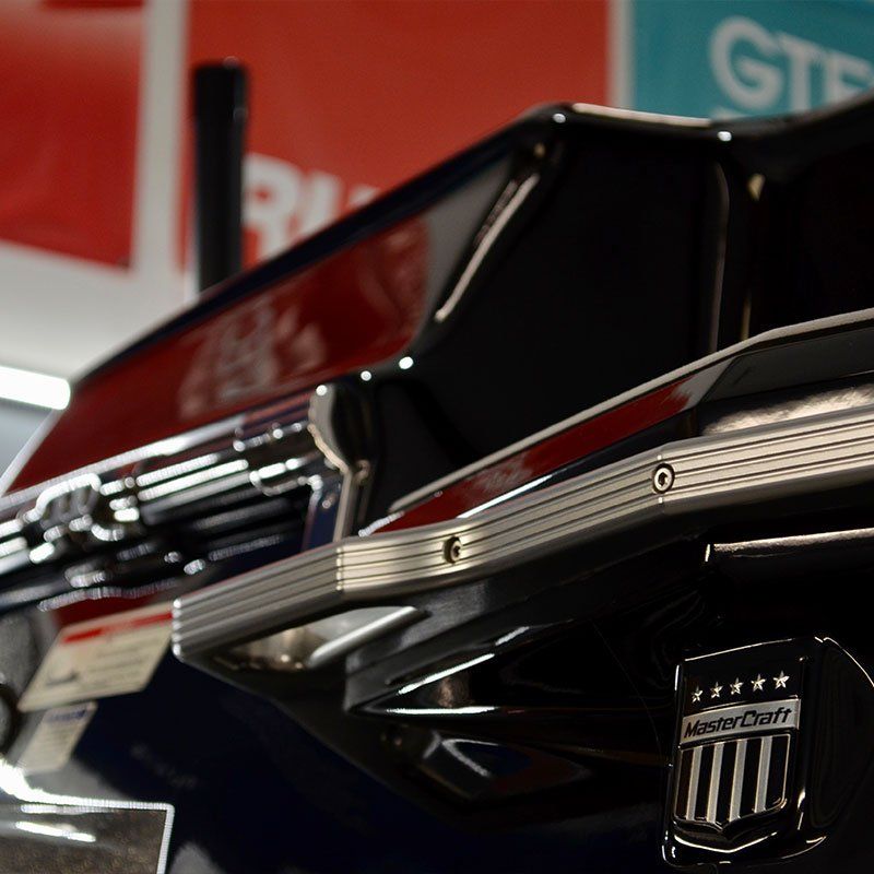 A close up of a mastercraft boat engine