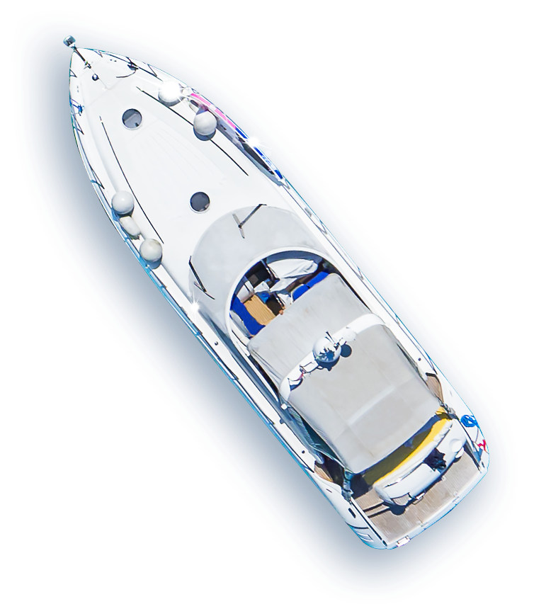 Top-down view of a white luxury yacht with blue accents on a white background