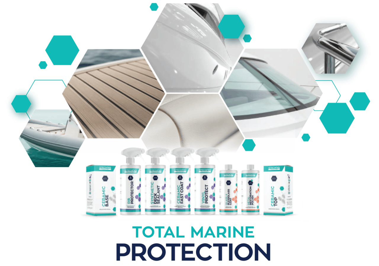 Marine protection product ad with boat deck and hull panels, plus bottles labeled Total Marine Protection