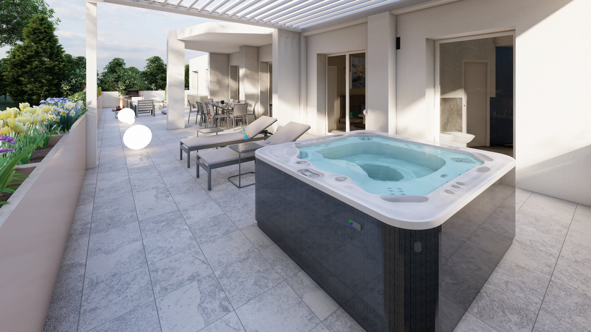 Progetto di terrazza residenziale con area relax e jacuzzi
