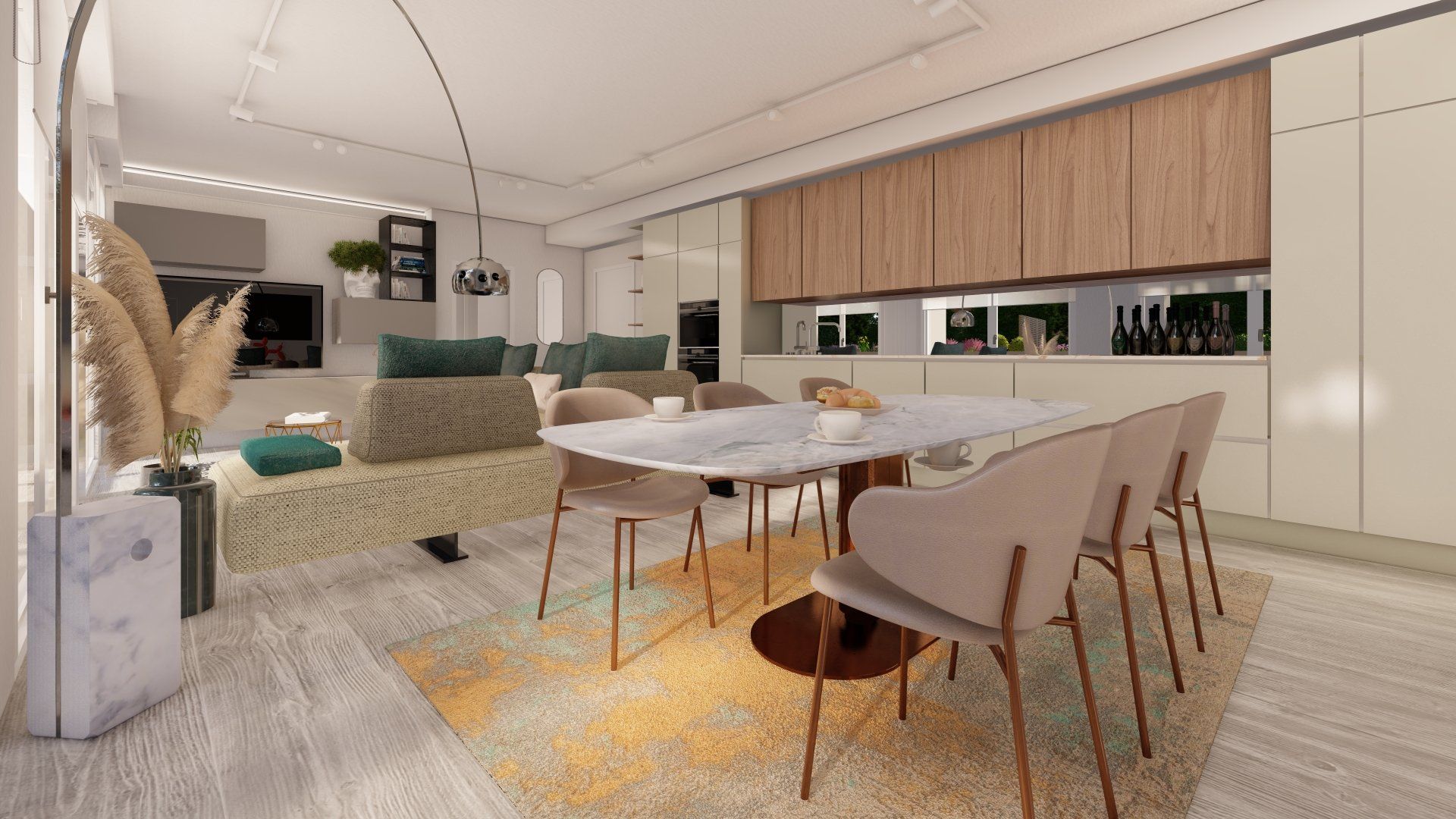 Progetto di interior design per zona giorno open space in abitazione privata
