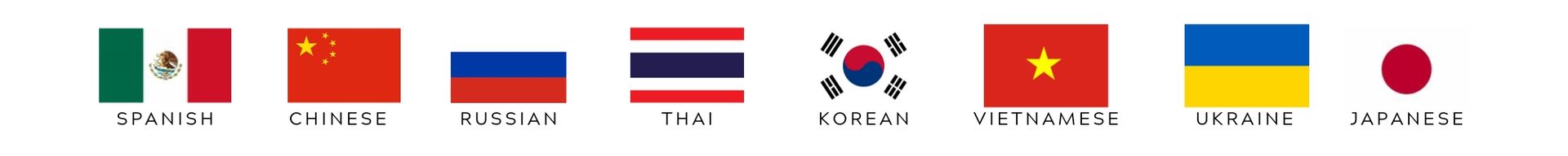 Row of eight country flags: Mexico, China, Russia, Thailand, South Korea, Vietnam, Ukraine, and Japan.