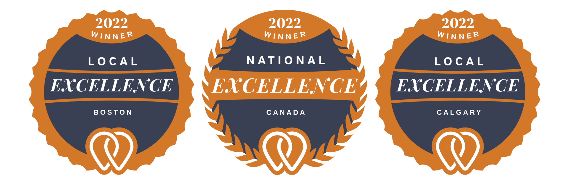 Three badges that say local excellence national excellence and local excellence