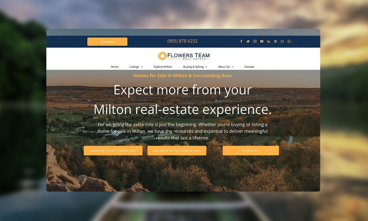 A car is driving down a road next to a website that says expect more from your milton real estate experience.