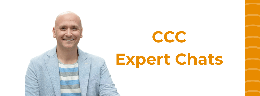 A bald man in a suit and striped shirt is sitting in front of a sign that says ccc expert chats.