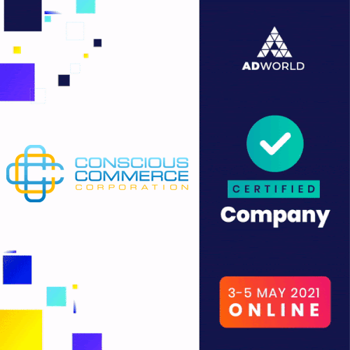 A logo for conscious commerce corporation and adworld