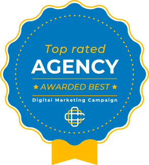 Blue and gold award badge reading “Top rated AGENCY AWARDED BEST Digital Marketing Campaign”