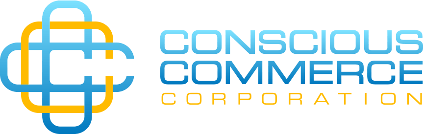 Logo of Conscious Commerce Corporation: a blue and yellow interconnected square shape with the company name in blue.