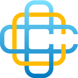 Interlocking blue and yellow rounded lines forming an abstract cross-like logo