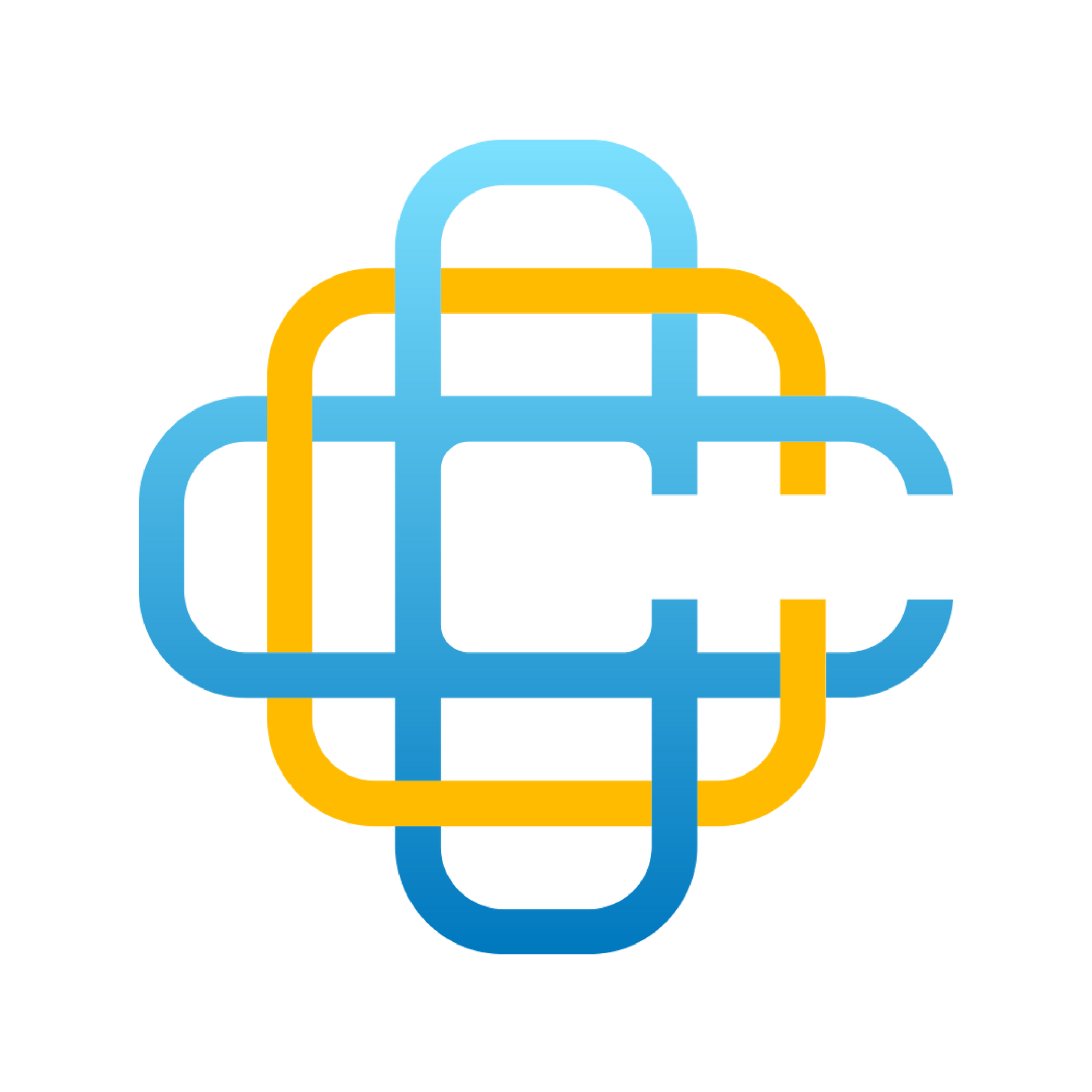 A blue and yellow logo on a white background