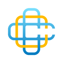 A blue and yellow logo on a white background