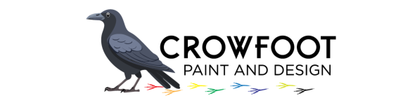 Crowfoot Paint and Design logo with black crow and colorful paint strokes