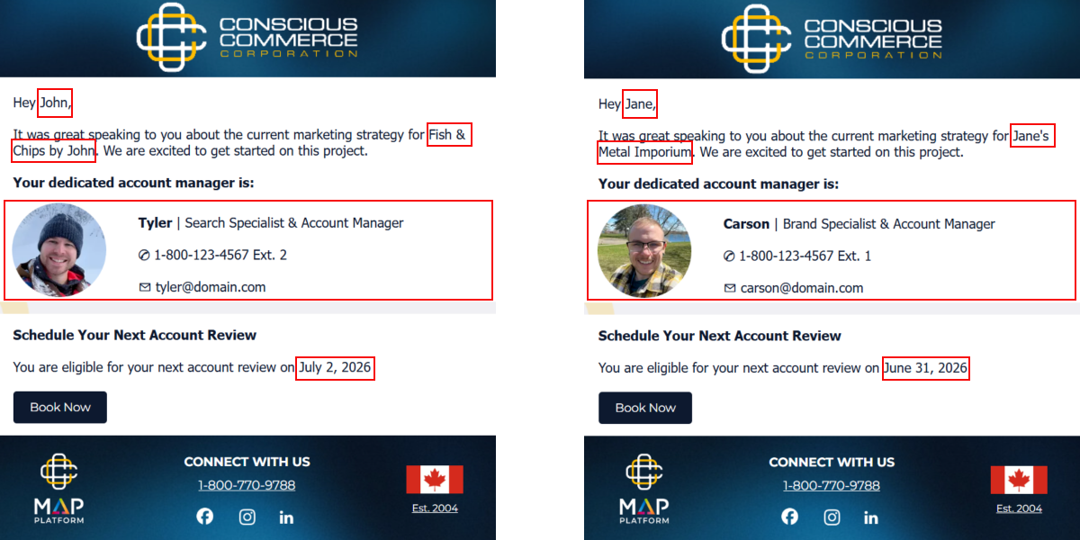 Two webpage screenshots with profile cards and highlighted name boxes, one with a woman’s photo and one with a man’s photo.
