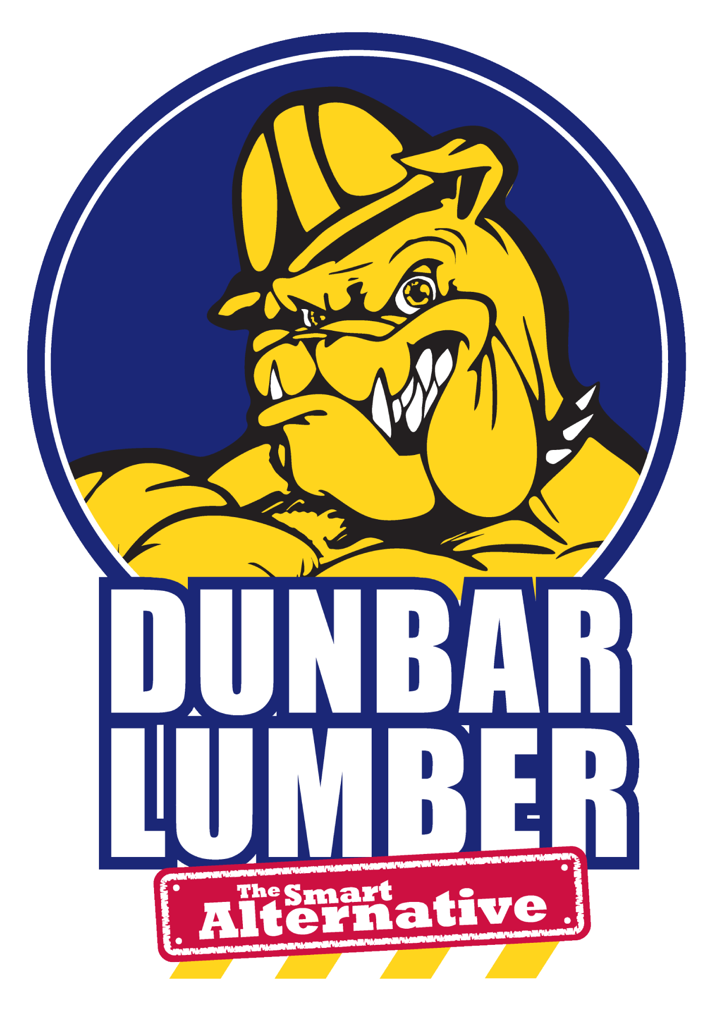Dunbar Lumber logo: yellow bulldog in hardhat, blue and white text, "The Smart Alternative."