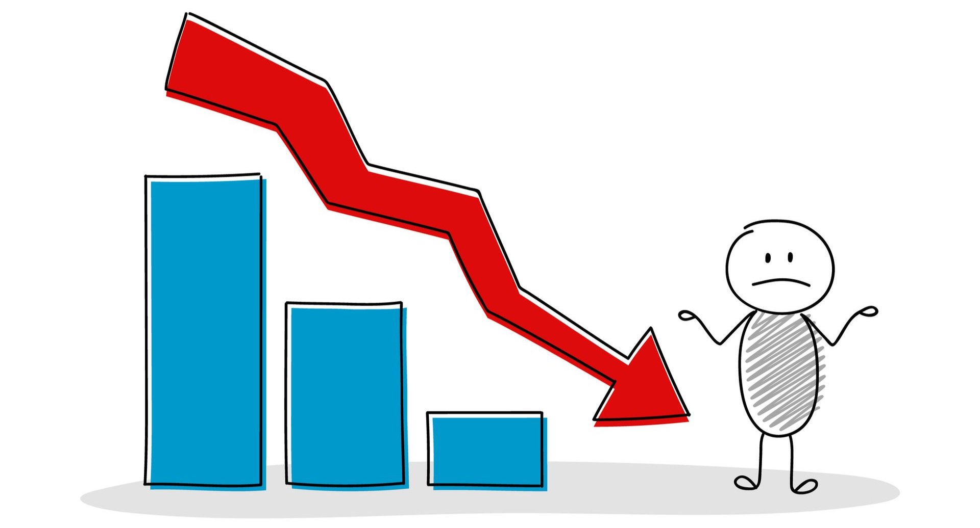 Red downward arrow over blue bar chart, pointing to a sad stick figure