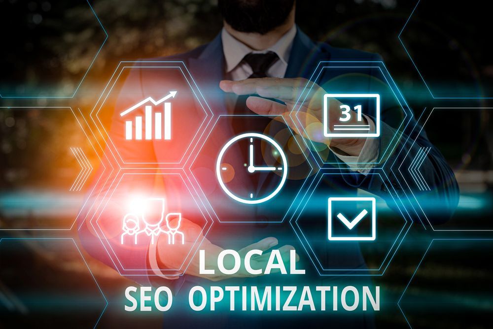 Person holding a digital interface with icons like charts and a clock, text 