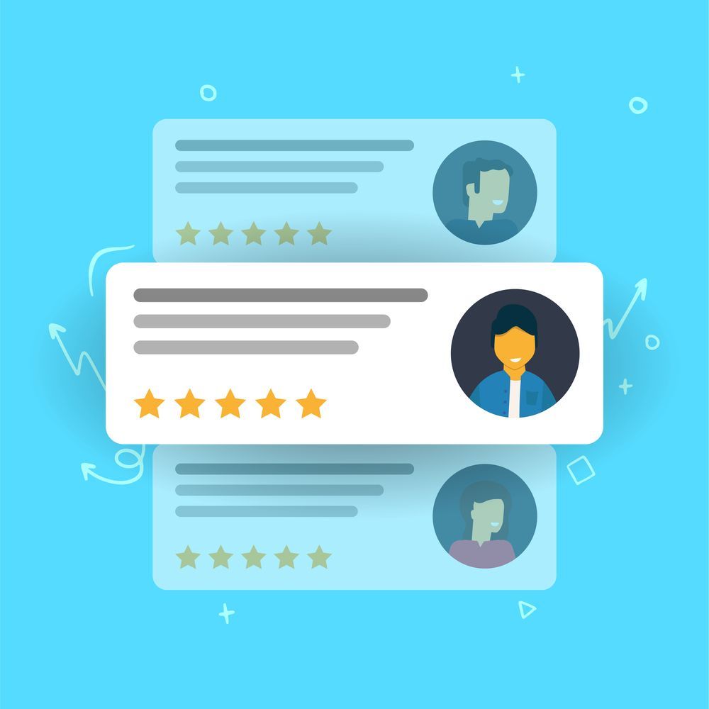 Customer reviews with star ratings and user profile icons.