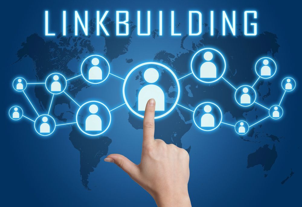 Hand touching a central person icon connected to others, with “LINKBUILDING” text over a world map background.