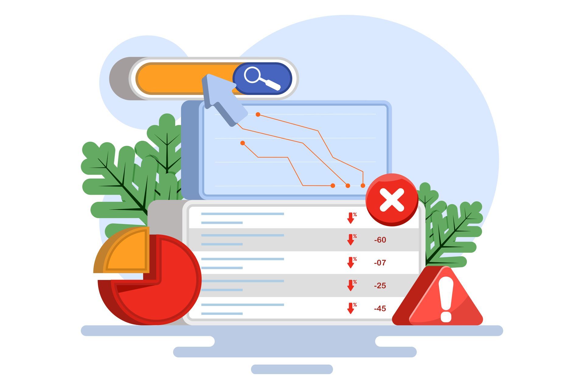 Illustration of a computer dashboard with red error alerts, charts, and warning icons