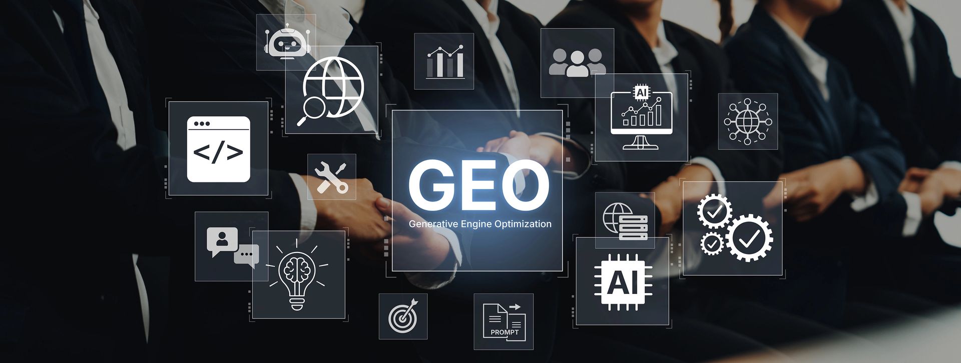Business people with digital icons and glowing GEO text, representing global technology and AI networking