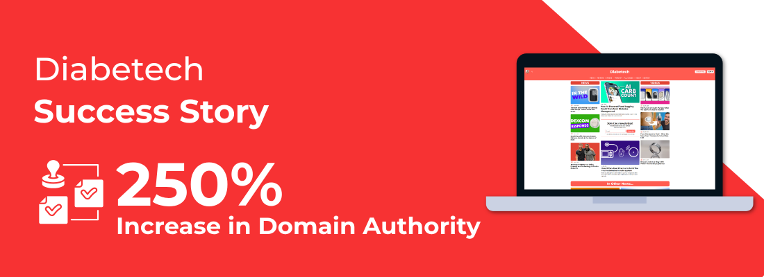 Diabetech success story banner on red background, showing 250% increase in domain authority and a laptop website screenshot