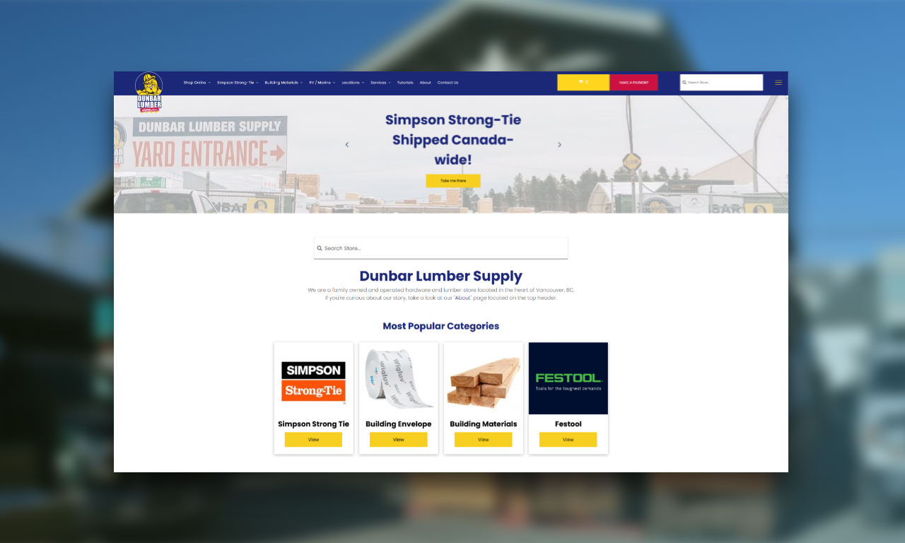 Website homepage with blue header, search bar, hero banner, and product cards below