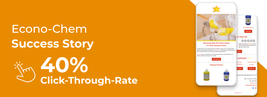 Orange promotional banner for Econo-Chem success story, highlighting 40% click-through rate and a mobile device screenshot.