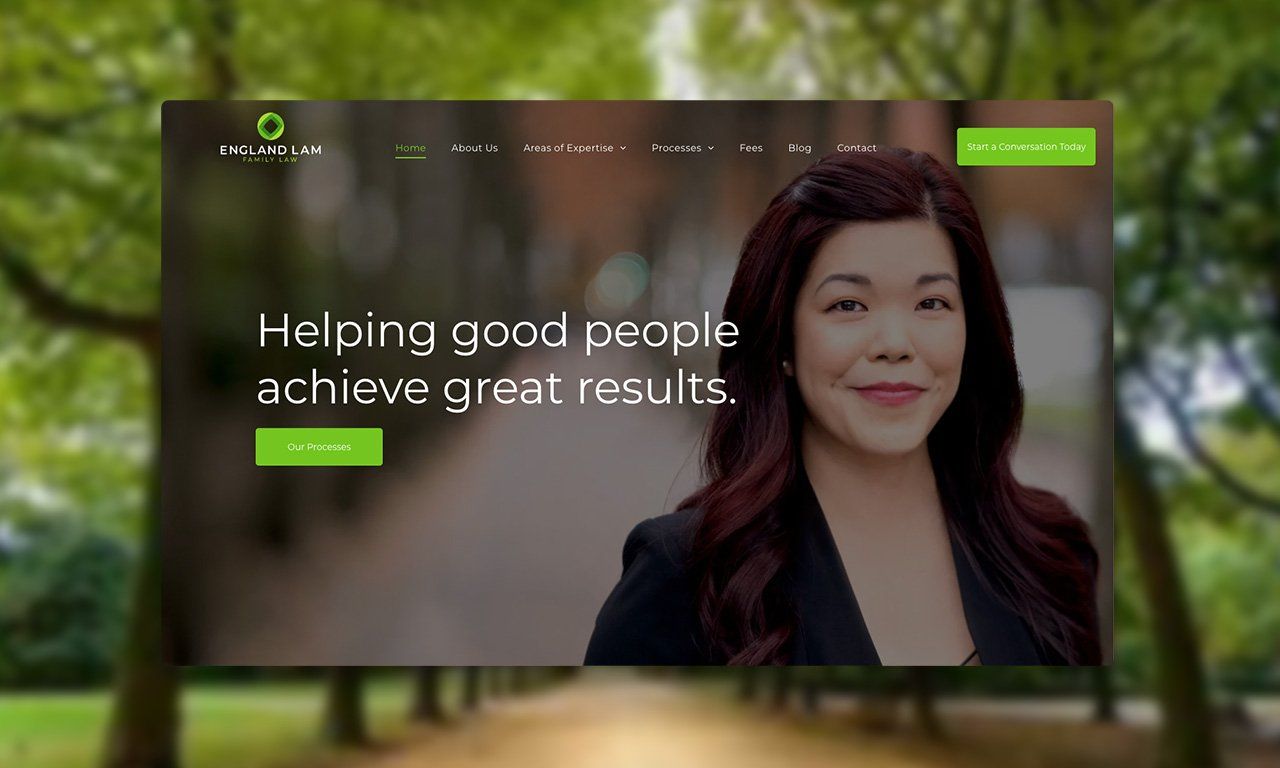 A woman is smiling on the homepage of a website.